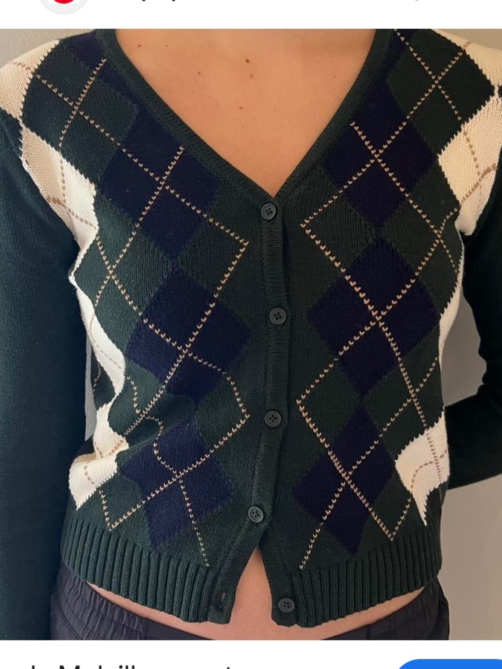 Brandy Melville John Galt Dark Green Argyle Button Cardigan with Navy and Cream